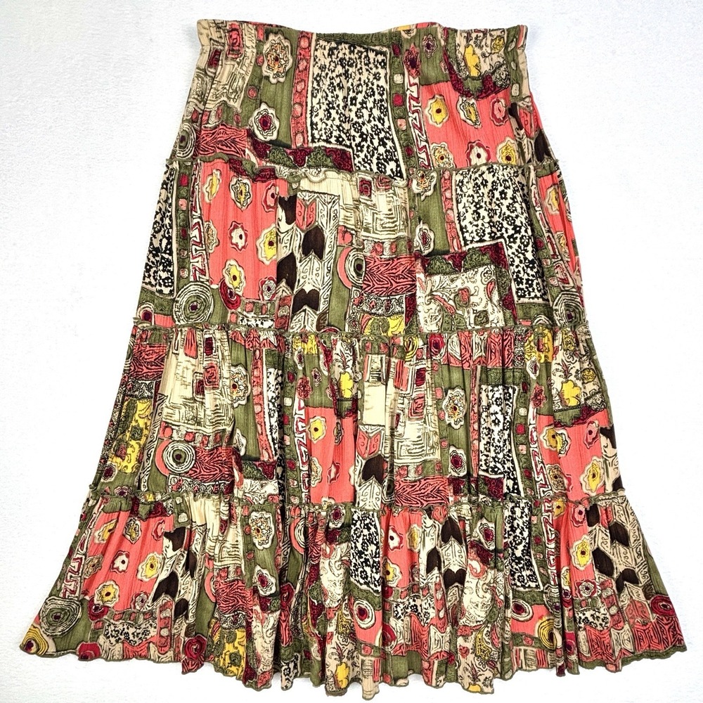 Sag Harbor Patchwork Print Tiered Midi Skirt Size 10 Rayon Boho Cottagecore